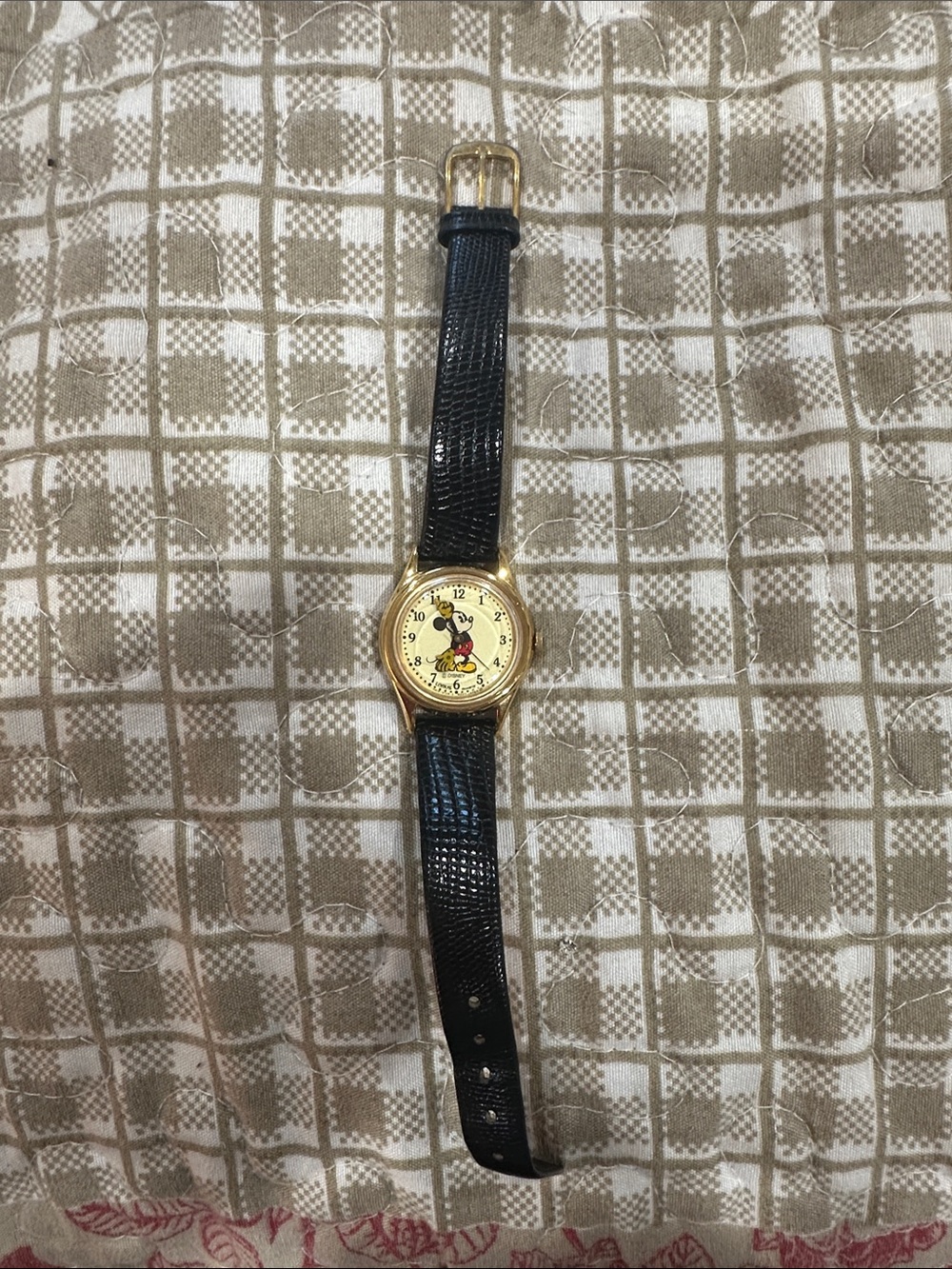 Vintage Mickey Mouse Gold-Tone Watch with Black Leather Strap